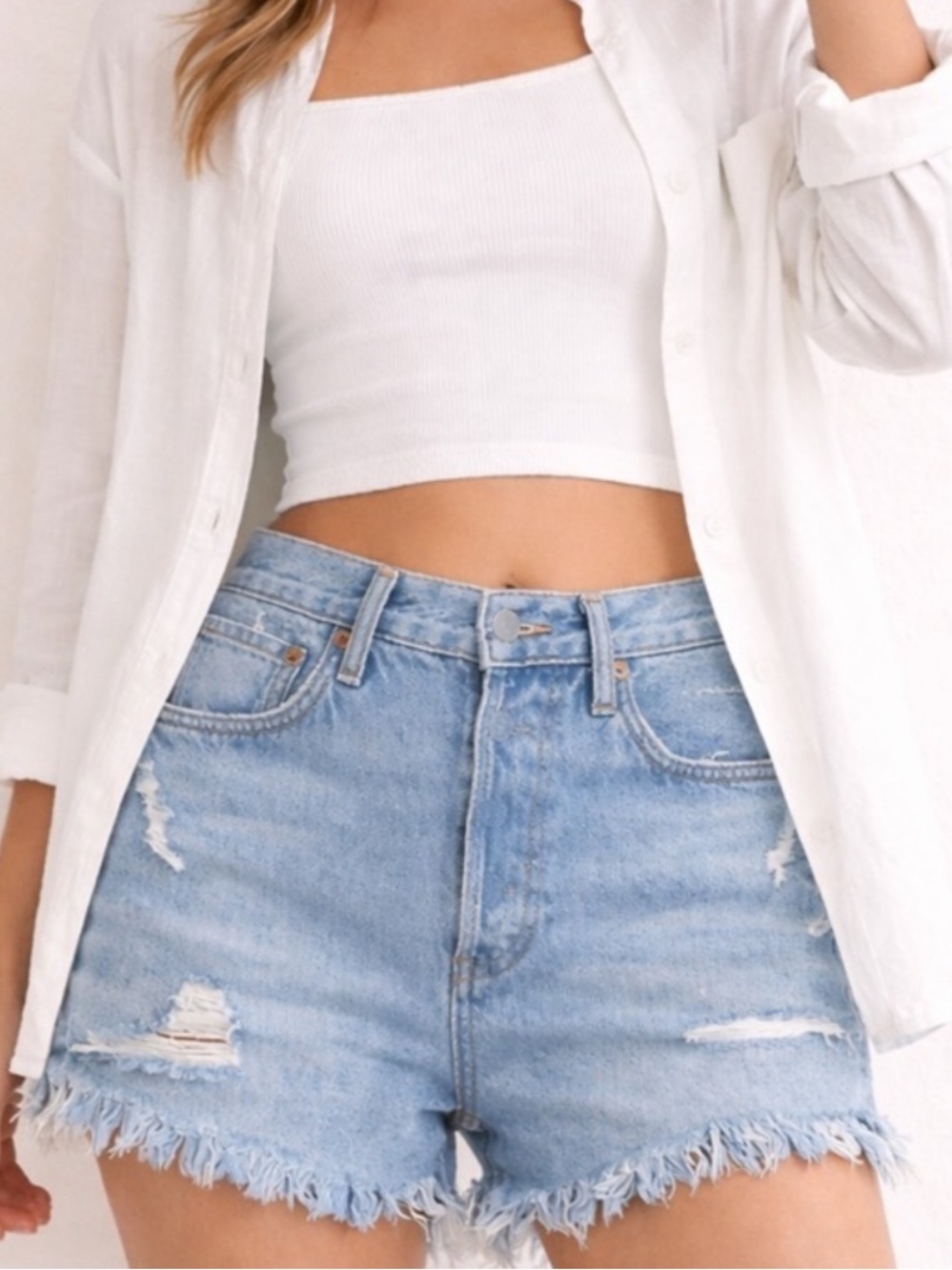 AGOLDE Distressed Denim Shorts Light Wash High Rise Cutoff Frayed Hem Size 25